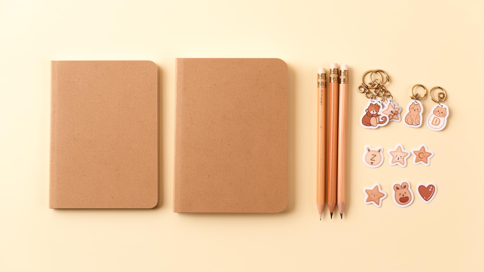 Selección de material escolar de Sirah Papelería: cuadernos kraft, lápices y llaveros del abecedario